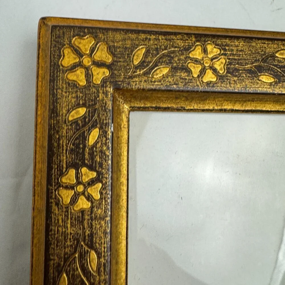 Vintage Wooden Picture Frame Flowers Gold Patina